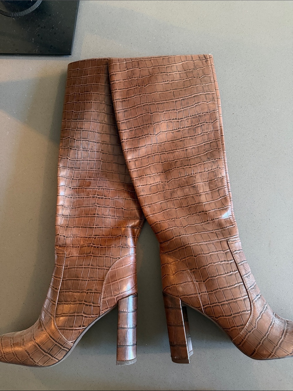 Jeffrey Campbell Croc-Embossed Tall Brown Heeled Boots